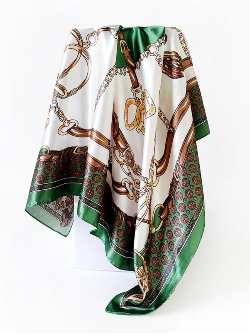 Silk-Feel Green & White Chain Print Scarf